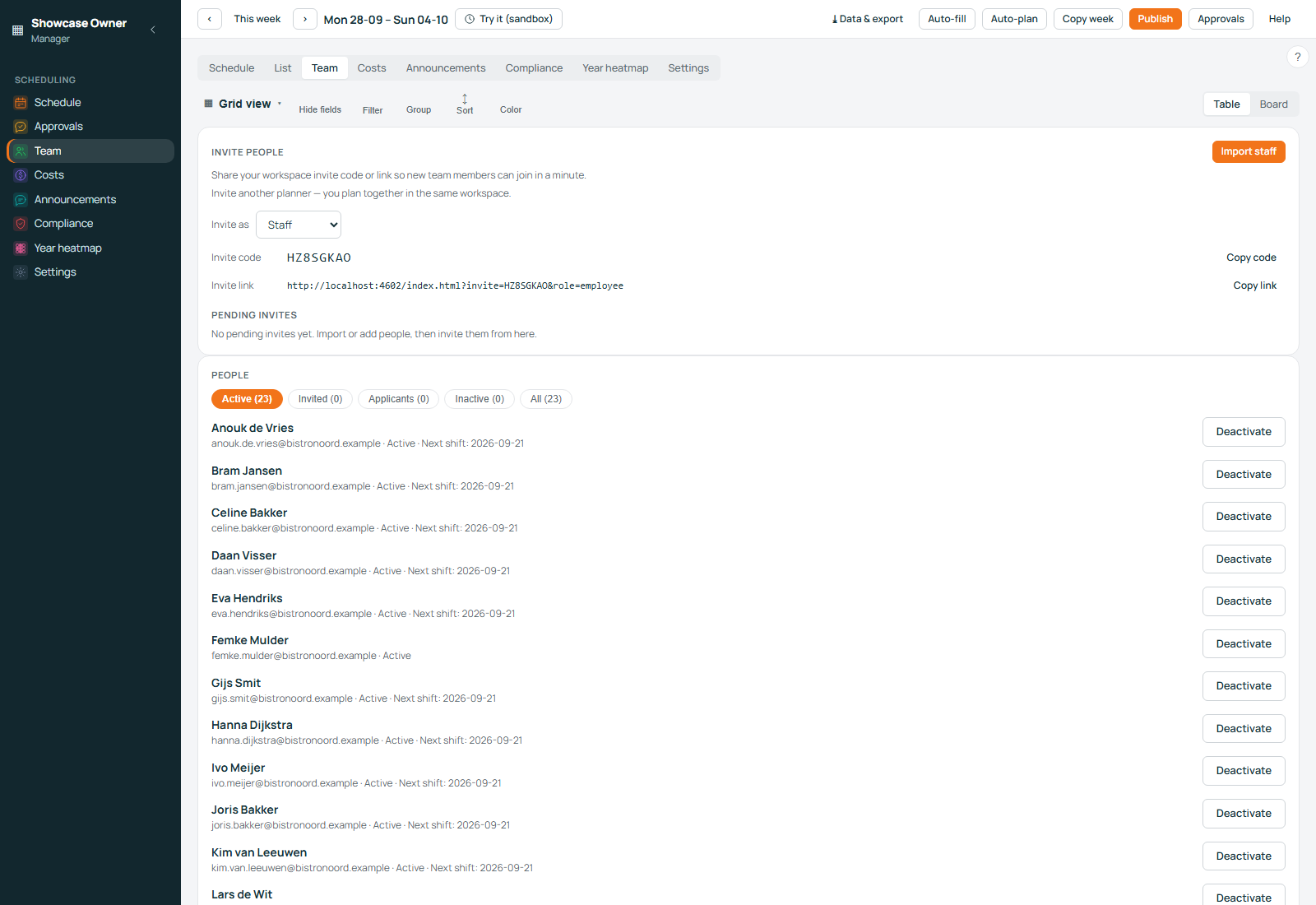 The Rosterly team view: an invite block with a staff invite code and invite link, and a people list with Active, Invited, Applicants and Inactive tabs.